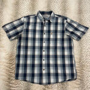 Blue carhartt short sleeve button down large relaxed fit. Blue plaid